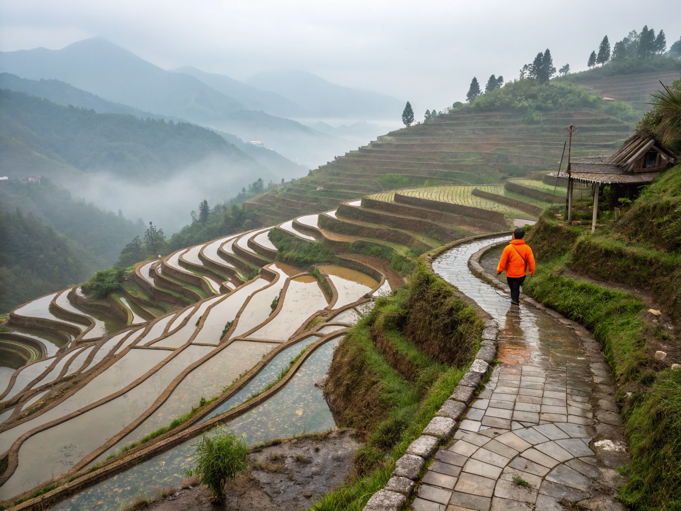 Wide shot of Jiabang rice terraces in the morning mist