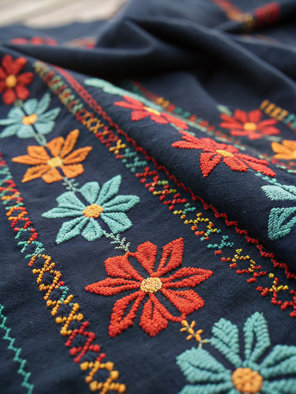 Close up of colorful Miao embroidery patterns