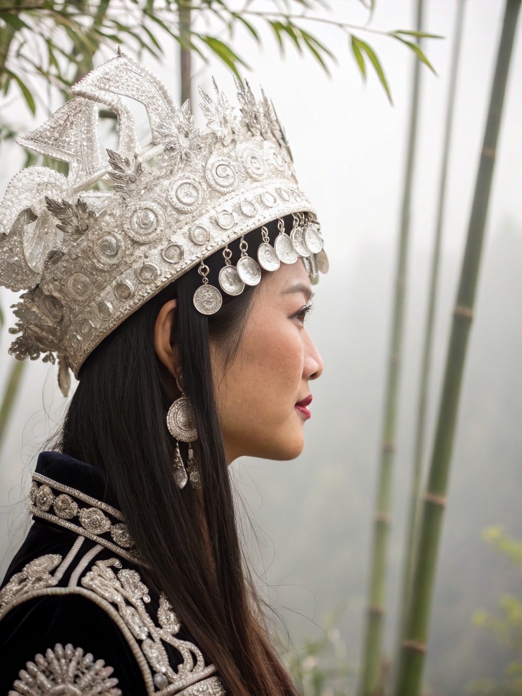 Close up of a Miao woman wearing an elaborate silver headdress