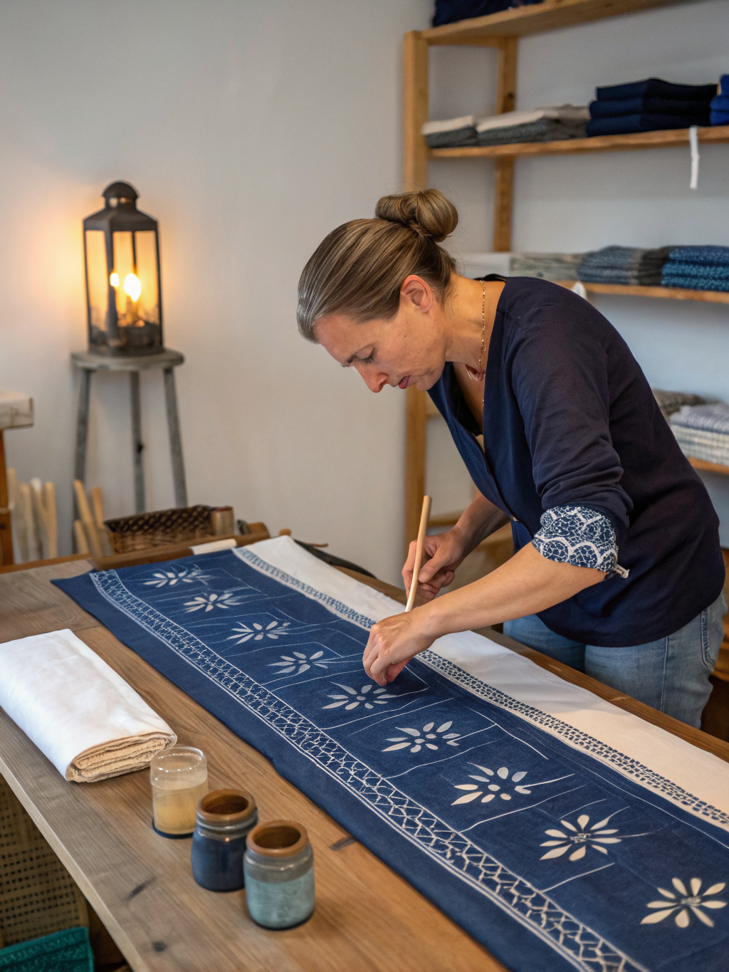 Artisan working on traditional indigo batik fabric