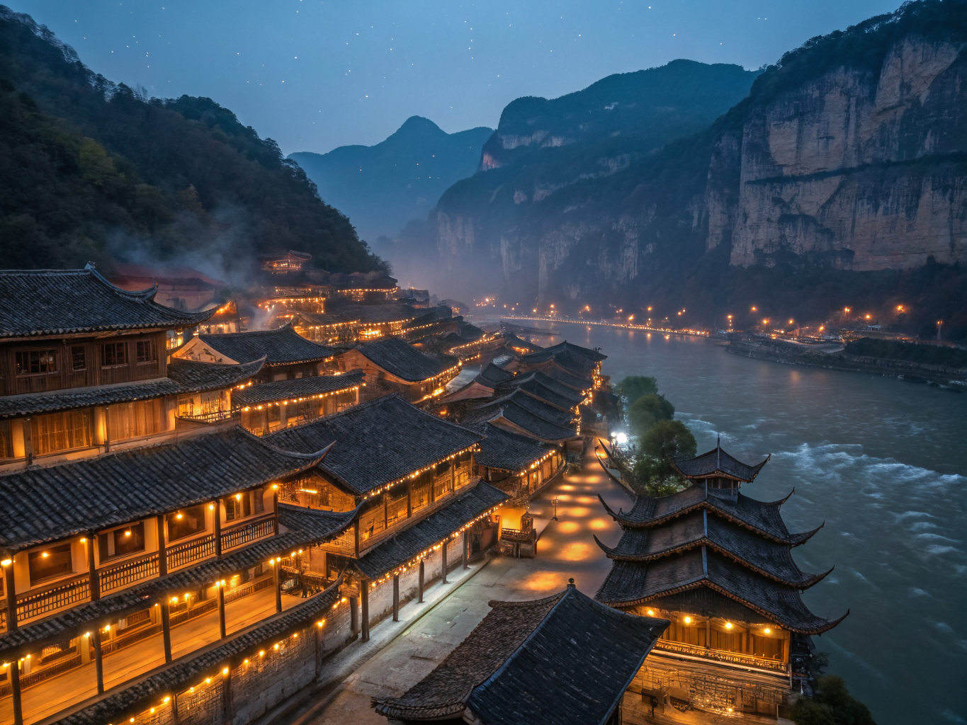 Night view of Xijiang Thousand Miao Villages illuminated